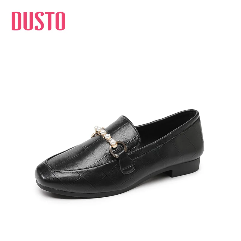 

DUSTO 2021 новинка осень низкий каблук квадратный каблук металлический жемчуг квадратный носок Маленькая кожаная обувь женская обувь