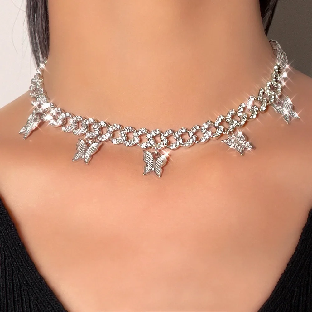 

Crystal Butterfly Pendant Necklace for Women High Quality Iced Out Cuban Chain Jewelry Men Hip Hop Necklace Luxury Choker Gift