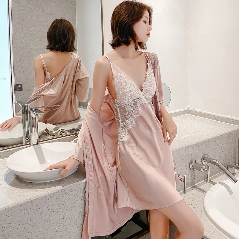 

Women'S Suspender Nightdress Nightgown Two-Piece Suit Ice Silk Nightdress Home Service Sexy Back Hollow Artificial Silk Bathrobe