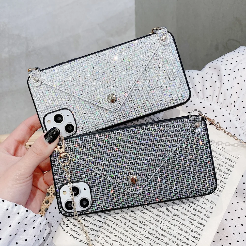 

Luxury glitter diamond phone case for iPhone 12 mini 11 Pro X XS Max XR7 8 Plus SE 2020 chain wallet mobile phone case
