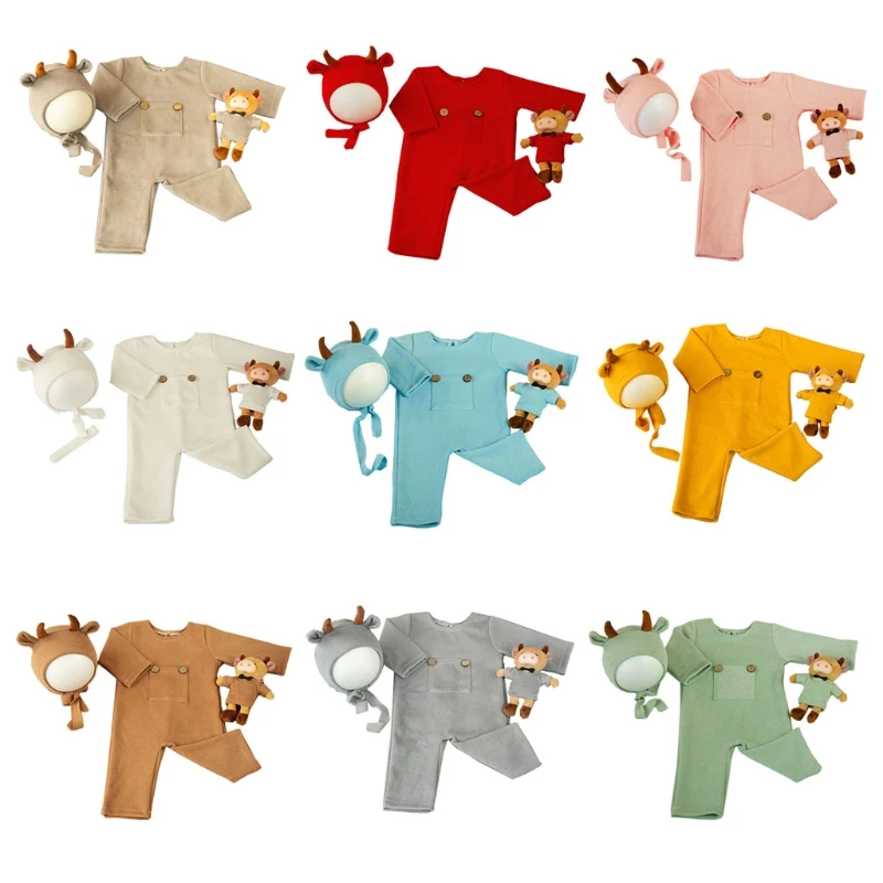 

2021 Newborn Photography Props Suit Ox Year Knitted Cotton Jumpsuit Hat Cow Doll Infant Photo Shooting Clothes Outfits