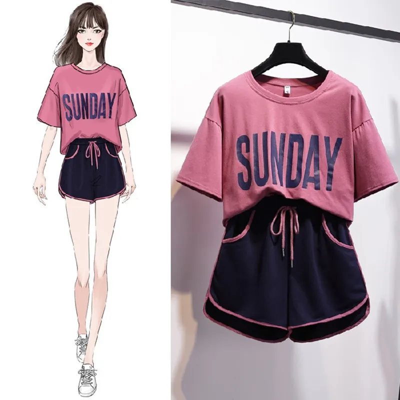 

Летний костюм-двойка в стиле Харадзюку, свободная футболка с принтом, удобные спортивные шорты, популярные брюки, костюм-двойка