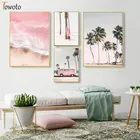 Картина на холсте с изображением розового океана, воздушный постер с изображением тропического пляжа, пальмы, прибрежной стены, скандинавские декоративные картины