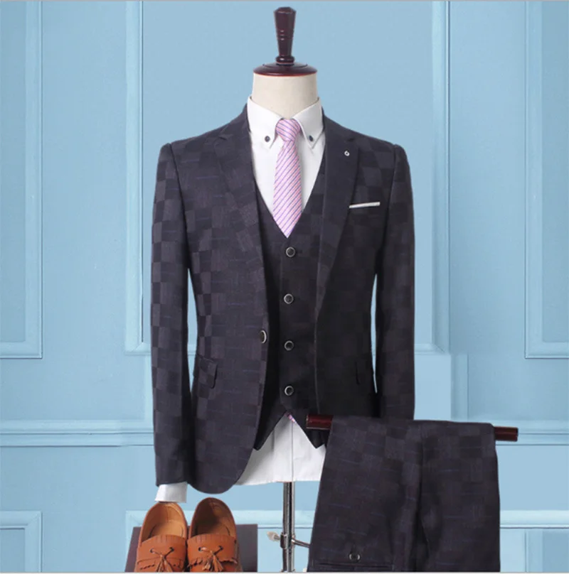 (Куртка + жилет брюки) 2019 новый мужской модный бутик клетчатое свадебное платье