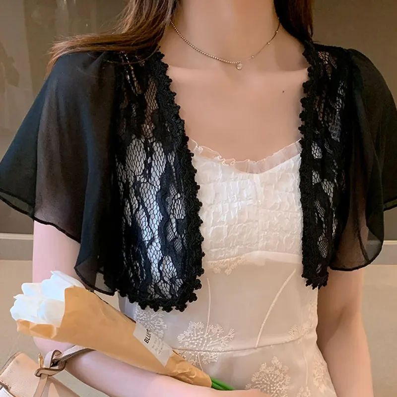 

Женский кружевной топ, кардиган, модные женские топы с коротким рукавом, укороченный топ, однотонный кардиган, женский летний солнцезащитны...