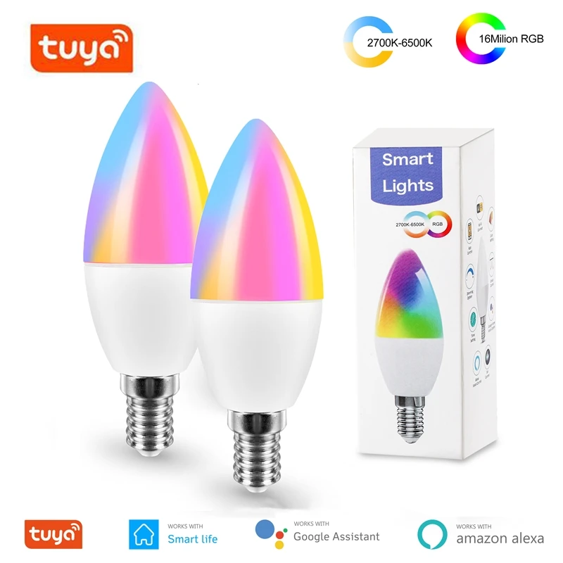 Умная светодиодная лампочка Tuya с Wi Fi E14 RGB CW 5 Вт работает Alexa Echo Google Home Assistant 100 240 В