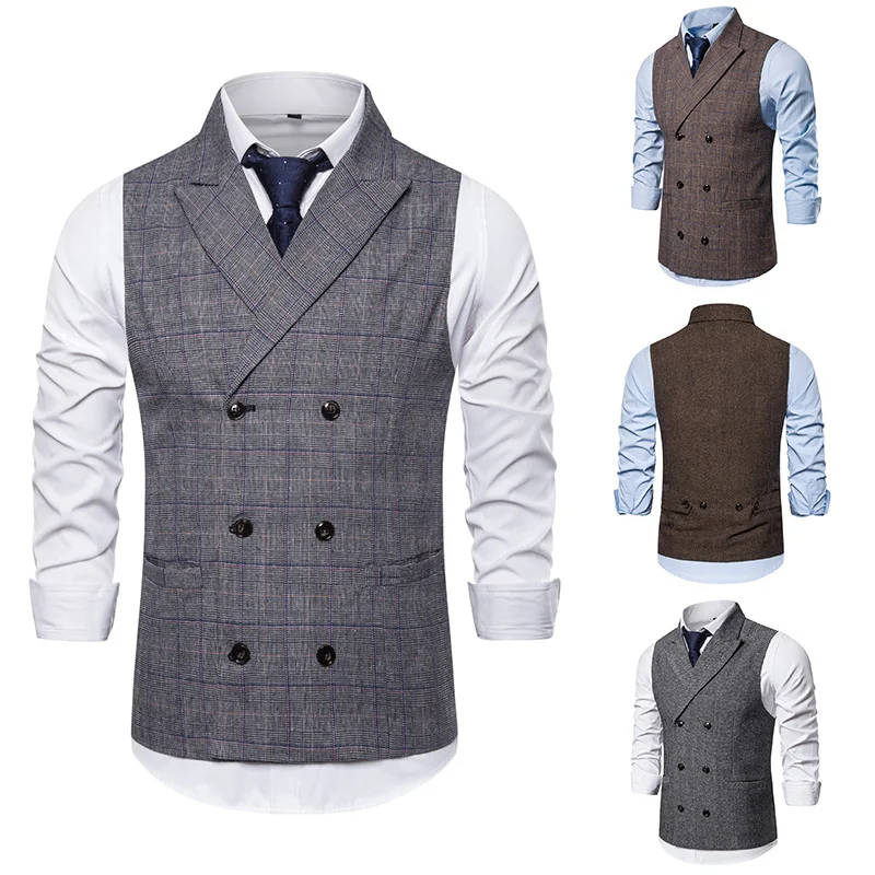 Brand Men's Waistcoat Fashion Retro Tweed Vests Classic Sleeveless Plaid Suit Vest British Style Double Breasted Gilet