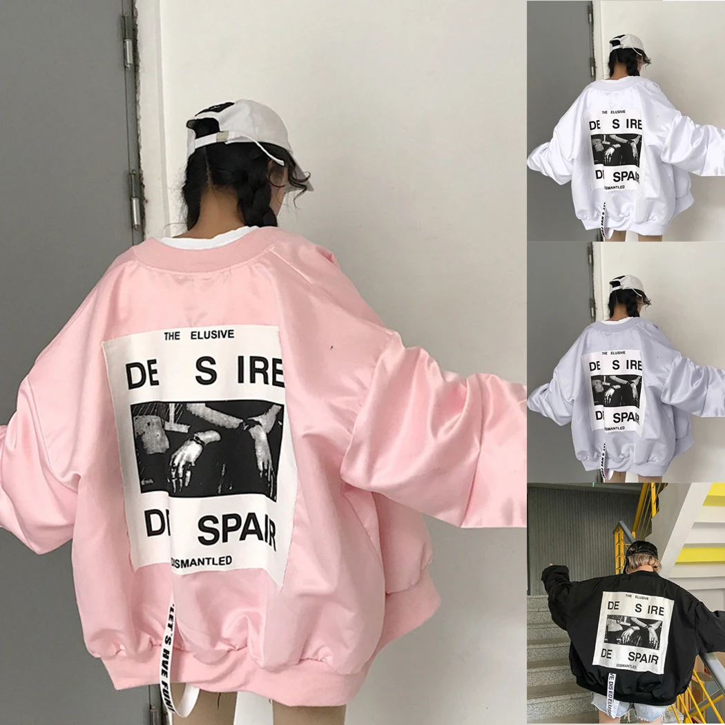 Серебряная шелковая куртка-бомбер Harajuku Женская свободная ветровка с буквенным принтом тонкие пальто осенние куртки на молнии с длинными рукавами верхняя одежда
