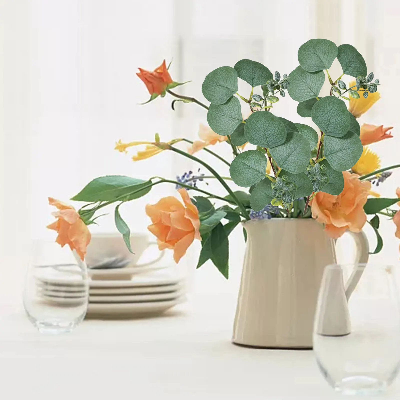 

6 Artificial Flower Eucalyptus Leaves Stems Eucalipto Branches Artificial Plants For Floral Bouquets Wedding Holiday Green Decor