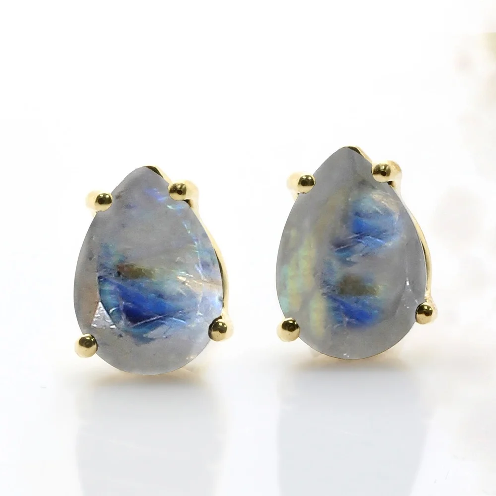 

Simple Pear Cut Rainbow Labradorite Crystal Earrings Women 14K Gold Natural Stone Studs Dainty Gemstone Jewelry Anniversary Gift