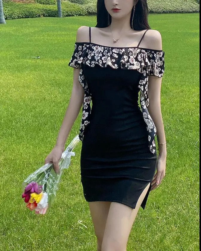

Women Dress Plus Size Summer Clothes Sexy Fashion Sheath Above Knee, Mini Slash Neck Camisole Stitching Ruffle Decoration 2021