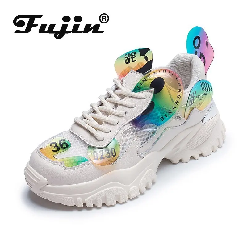 Fujin/женские летние кроссовки 2020 Однотонные сетчатые туфли на плоской подошве