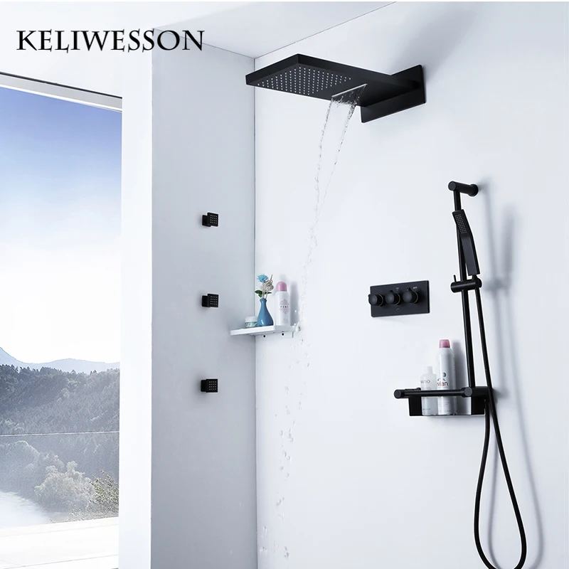 

Черный душевой набор с насадкой для душа, латунный смеситель для душа, набор водопада, душ с горкой, массажная спа-Душевая система