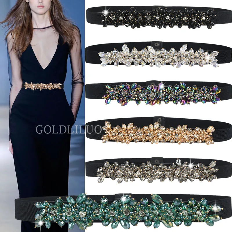 

High Quality Fashion Colorful Rhinestone Buckle Bridal Belts Dress Decoration Best Women Wide Diamond Waistband Elastic Cummerbu