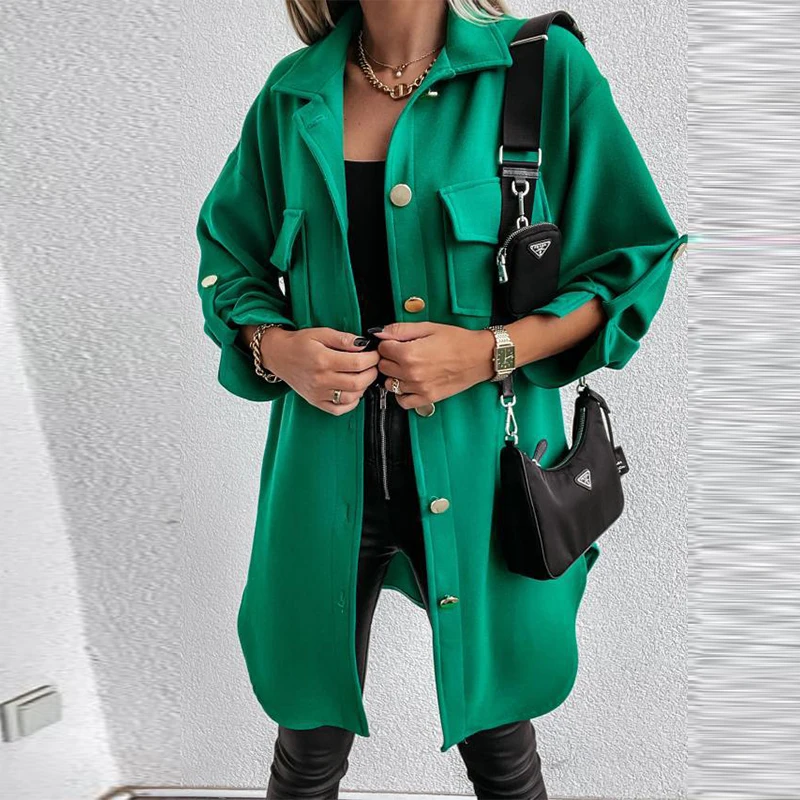 

Winter Single Breasted Women's Autumn Coat Midi-Length Green Casual Overcoat Pocket Long Sleeve Ladies Office Elegant Coat 2021