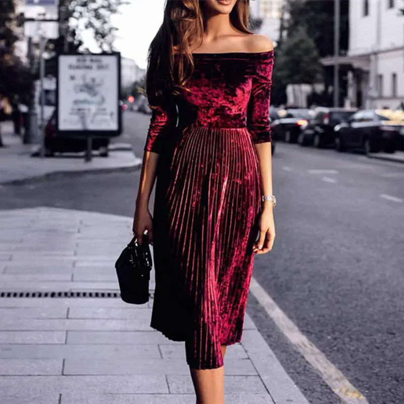 Бархатное плиссированное платье с короткими рукавами и открытыми плечами S 2XL