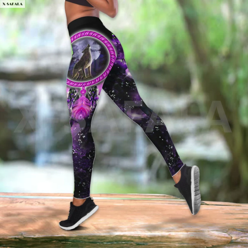 

Native Indain Wolf Violet Two Piece Yoga Set Women 3D Print Vest Hollow Out Tank Top High Waist Legging Summer Casual Sport