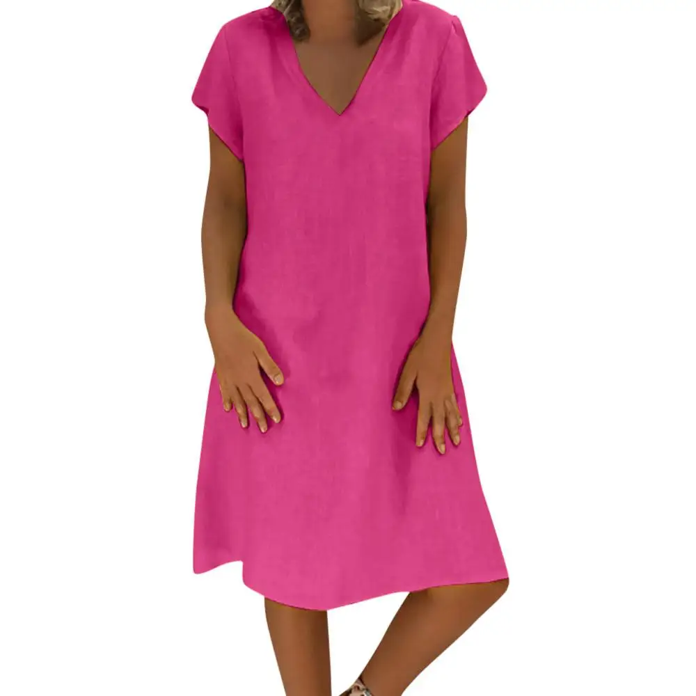 Hot Pink Casual Women V-Neck Cotton and Linen Dress 2019 New Summer Ladies T-shirt Plus Size Feminino Vestido A4 | Женская одежда