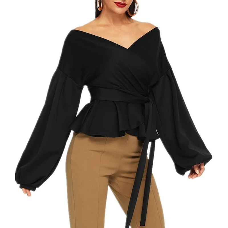 

Women Loose Wrap Front Blouse Sexy Off Shoulder Deep V-neck Long Lantern Sleeve Top Solid Color Casual ShirtAM0833