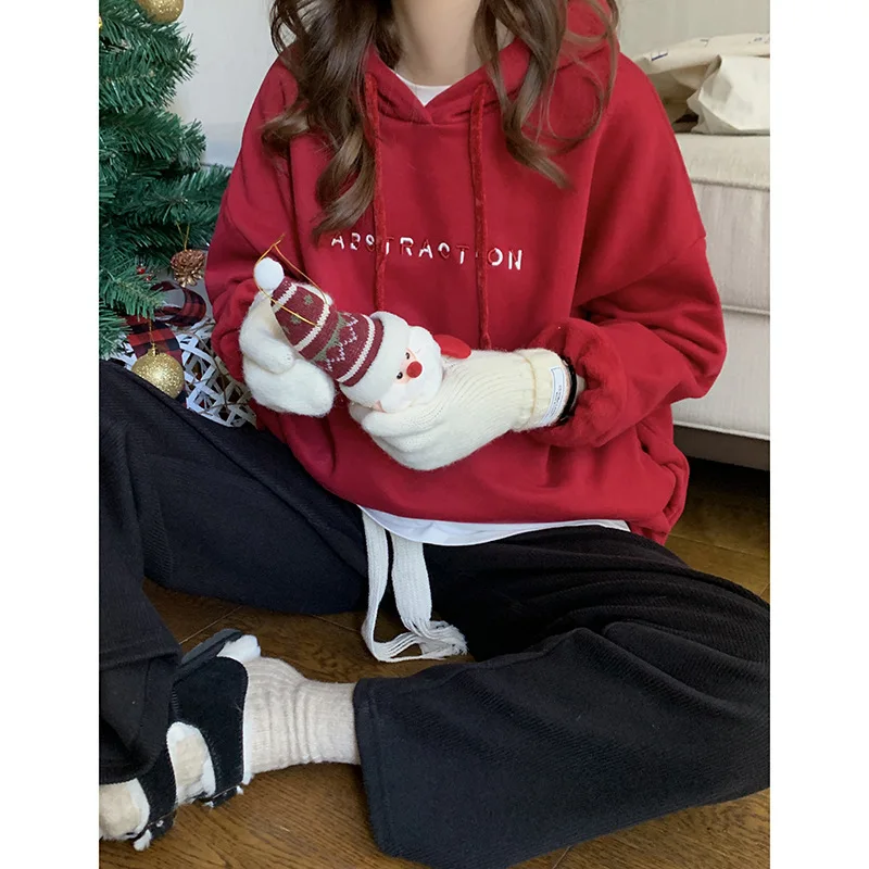 

Женская флисовая толстовка с капюшоном, красная Свободная Повседневная Толстовка с длинным рукавом в Корейском стиле, Осень-зима 2021