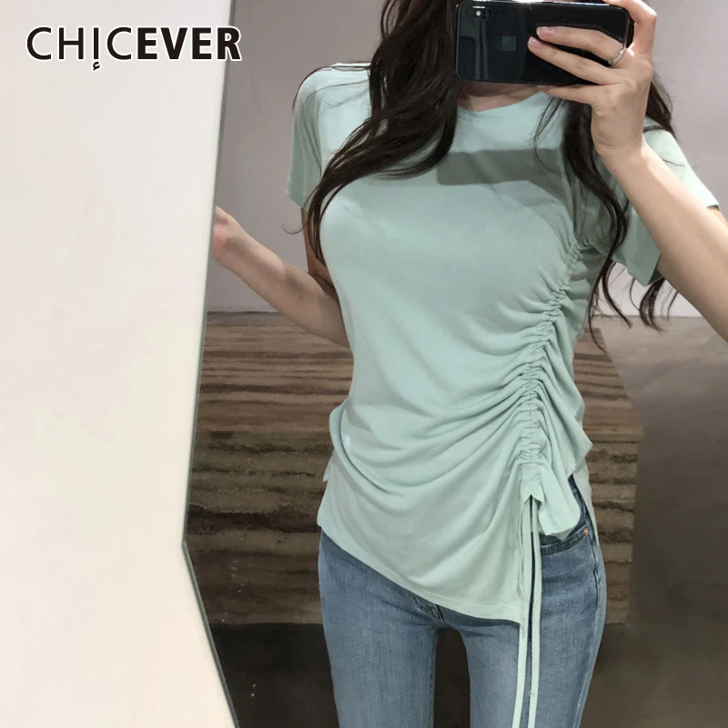 

CHICEVER Korean Drawstring Ruched T Shirt For Women O Neck Short Sleeve Irregular Hem T-shirts Female 2020 Spring Fashion New