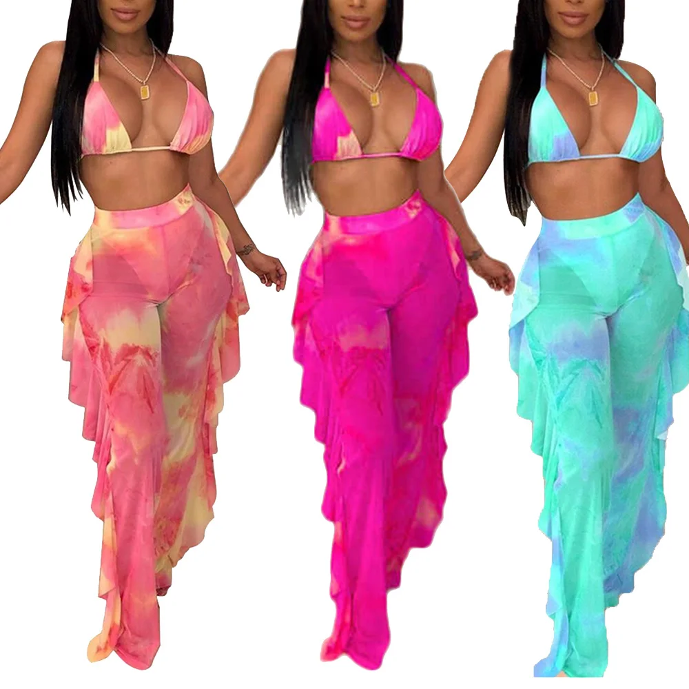 

Комплект с принтом Tie Dye для женщин, пляжный бюстгальтер на шнуровке с лямкой на шее, прозрачные сетчатые брюки, накидки с оборками, модная же...