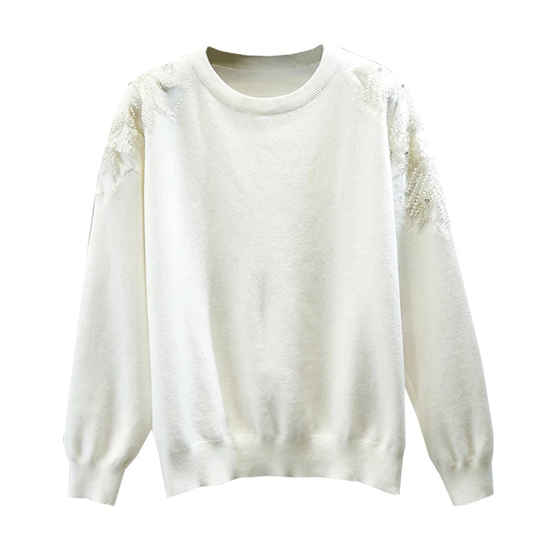 

Exquisite Rhinestone Beaded Sequins Shoulder Sweater Women Sweet Flower Decoration Loose Pullover Knitted Jumper Mujer