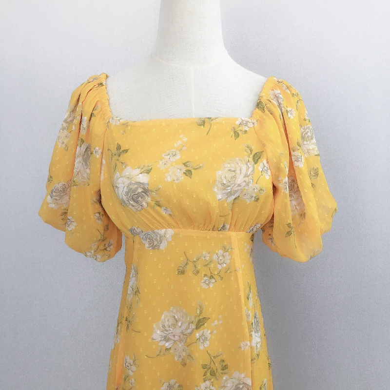 

2021 Summer Elegant Puff Sleeve Flower Print Women Dresses Empire Bandage Slim A-line Femme Robe Square Collar Soft Dress