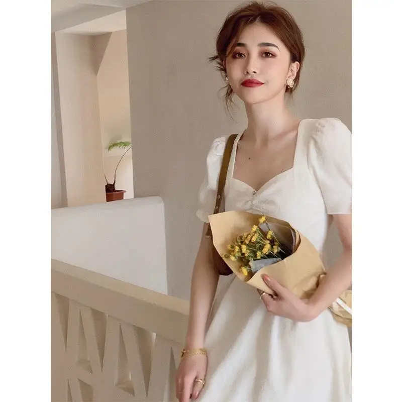 

Elegant Mini Dress Women Puff Sleeve V-neck Sexy Dress Kawaii Party One Piece Dress Office Lady Summer Square Collar