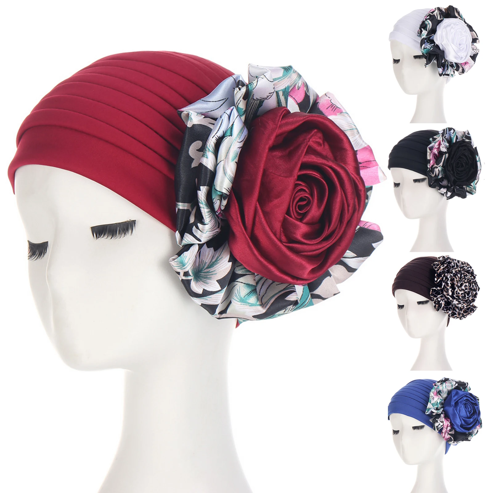 

2021 New Multi-color Indian Hat Print Two-color Rose Side Large Flower Turban Fashion Headscarf Elegant Party Hair Accessories
