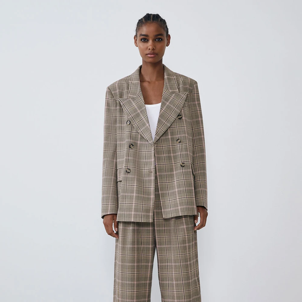 Женский двубортный костюм ZA свободная куртка с отворотами и широкими брюками в