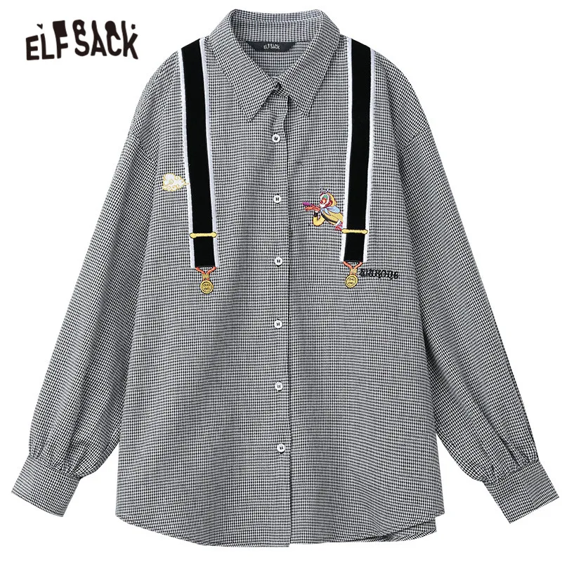 

ELFSACK Monkey King Embroidery Single Breasted Casual Shirt Women,2021 Spring Vintage Plaid Patchwork Ladeis Daily Top
