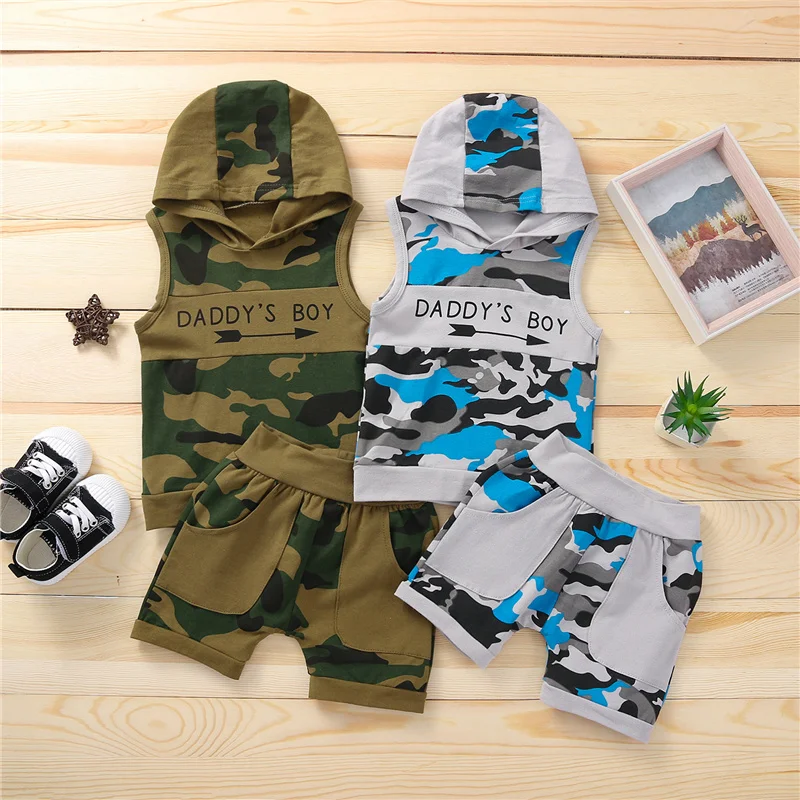 

1-4Yars 2Pcs Baby Boys Summer Clothes Sets,Toddler Boys Breathable Casual Fashion Camouflage Hooded Sleeveless Tops+Short Pants
