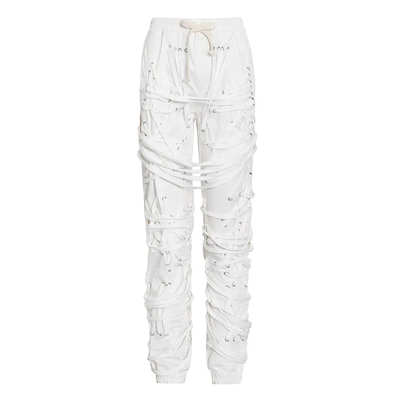 Autumn Women Cargo Pants Black White Elastic High Waist Casual Long Trousers Layered Cross Bandage Bunch Bottom Pockets Design