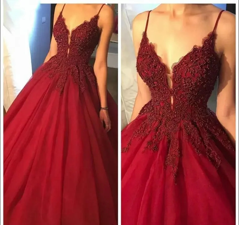 

Dark Red Long Prom Dress V Neck Spaghetti Straps Lace Appliques Formal Holidays Wear Graduation Evening Party Gown Plus Size