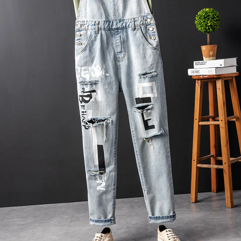 Fahsion Man Ripped Jeans Bib Overalls Hip Hop Hole Letter Denim Jumpsuits Freight Trousers Light Blue Leisure Cargo Pants