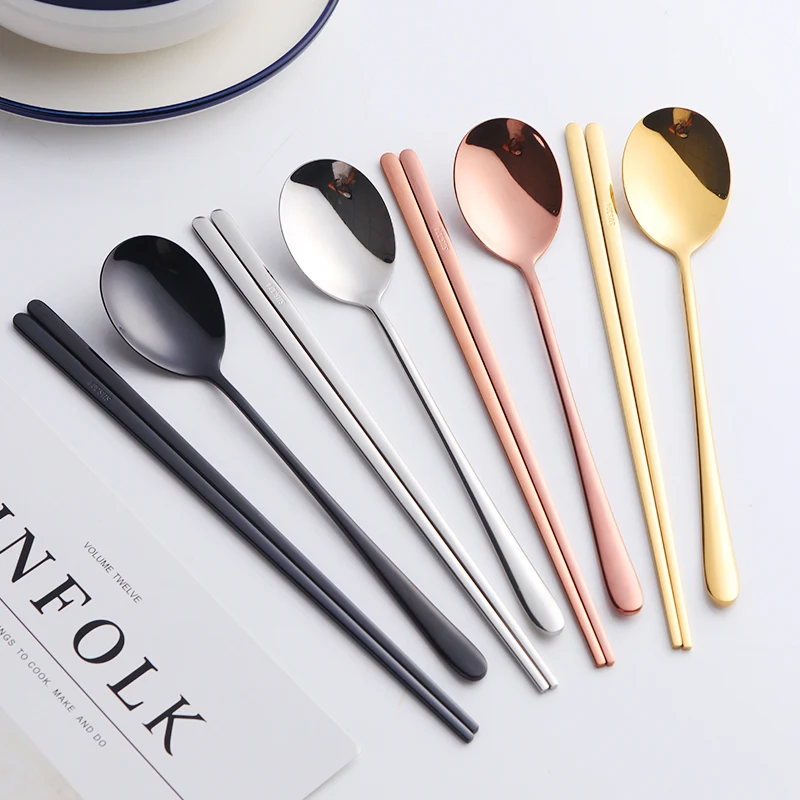 Золотой Портативный набор столовых приборов ложка из нержавеющей стали