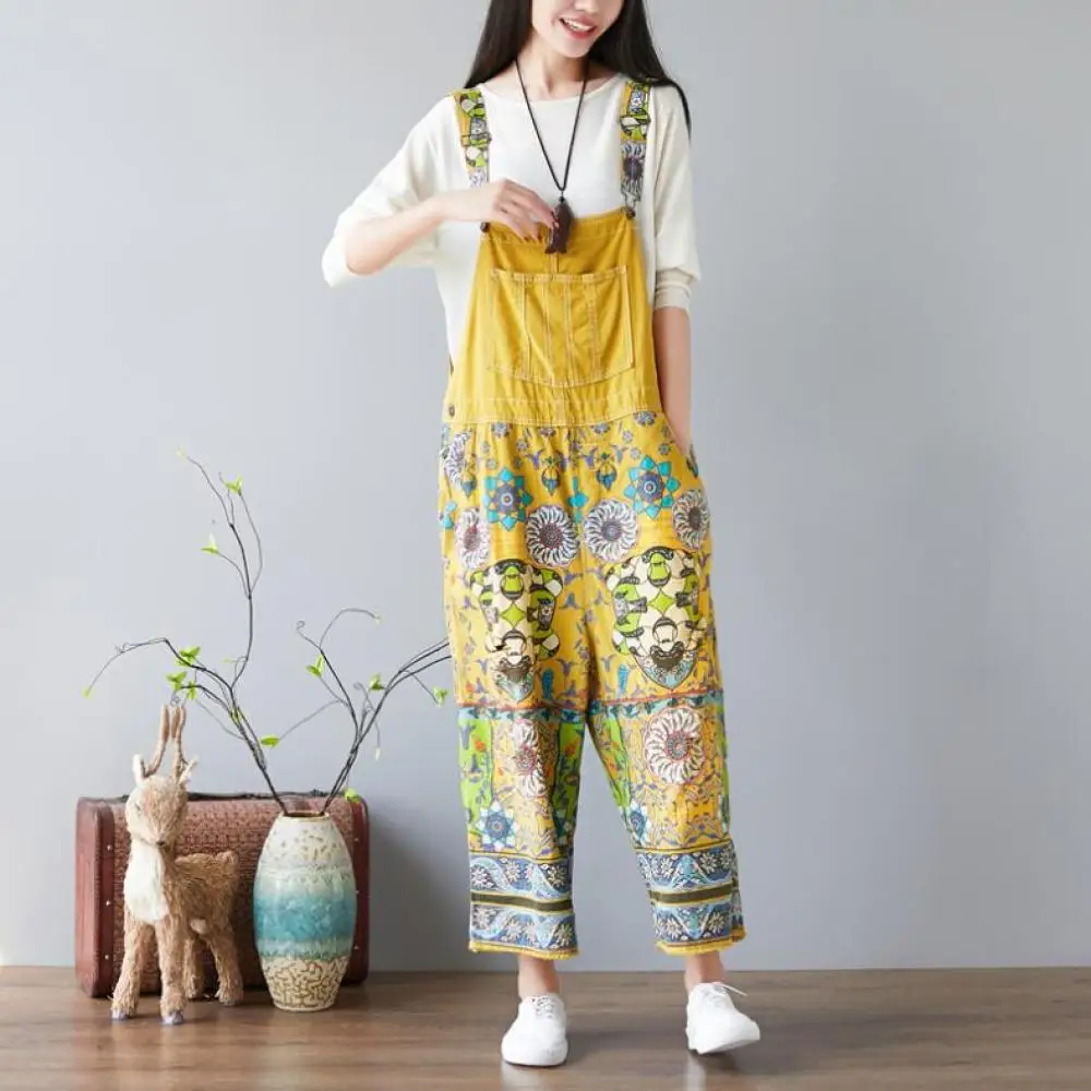 

National Style Womens Fashion Floral Print Loose Casual Denim Jumpsuit Retro Low-crotch Wide-leg Denim Rompers