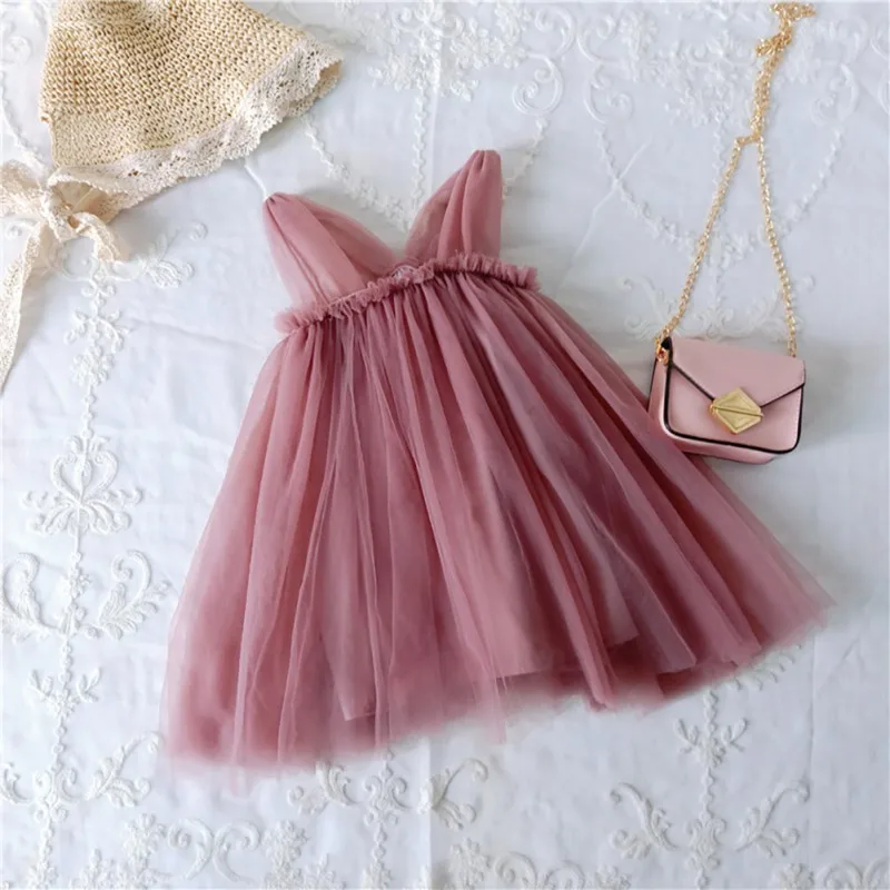 Детское летнее однотонное милое Сетчатое вечернее платье без рукавов для