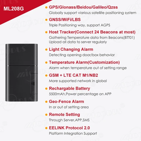 GPS-Трекер 4G Micodus, Автомобильный GPS BLE, температурный Маяк ML208G LTE CAT M1, 5500 мАч, гео-забор для отслеживания автомобиля, логистика с холодной цепью