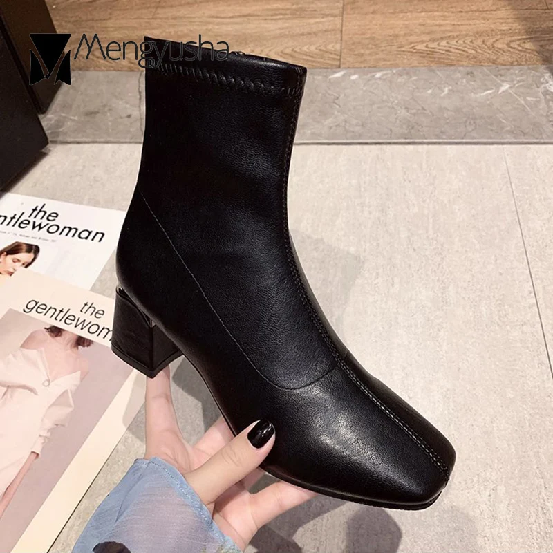 Ботинки женские с квадратным носком узкие мотоциклетные ботильоны на молнии