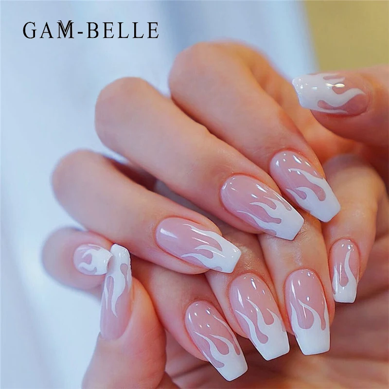 

GAM-BELLE 24 Pcs French Fake Nails Glossy Rose Pink Long Ballerina Coffin UV Gel Glue Beauty Wearable Nail Extension Tips Tools