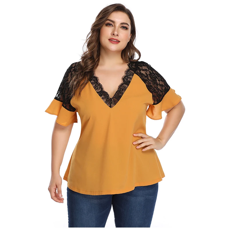 Женская кружевная рубашка в стиле пэчворк летний топ желтого розового красного