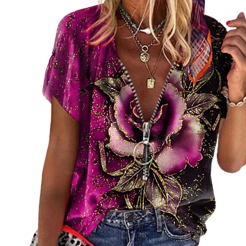 

Женская футболка с принтом розы и глубоким V-образным вырезом, на молнии