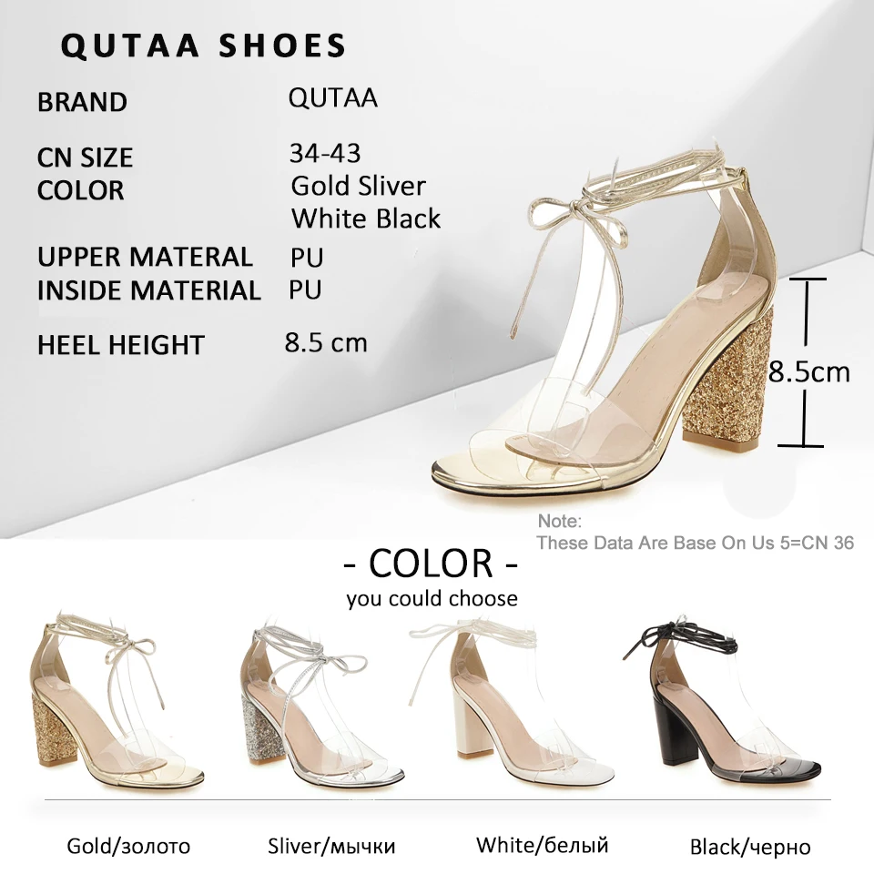 Женские Прозрачные Сандалии QUTAA с ремешком на щиколотке шнурках блестками