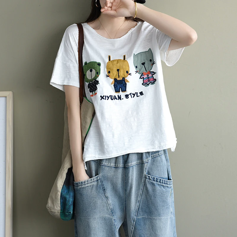 Женская свободная футболка с мультипликационным принтом на лето 2020|Футболки| |