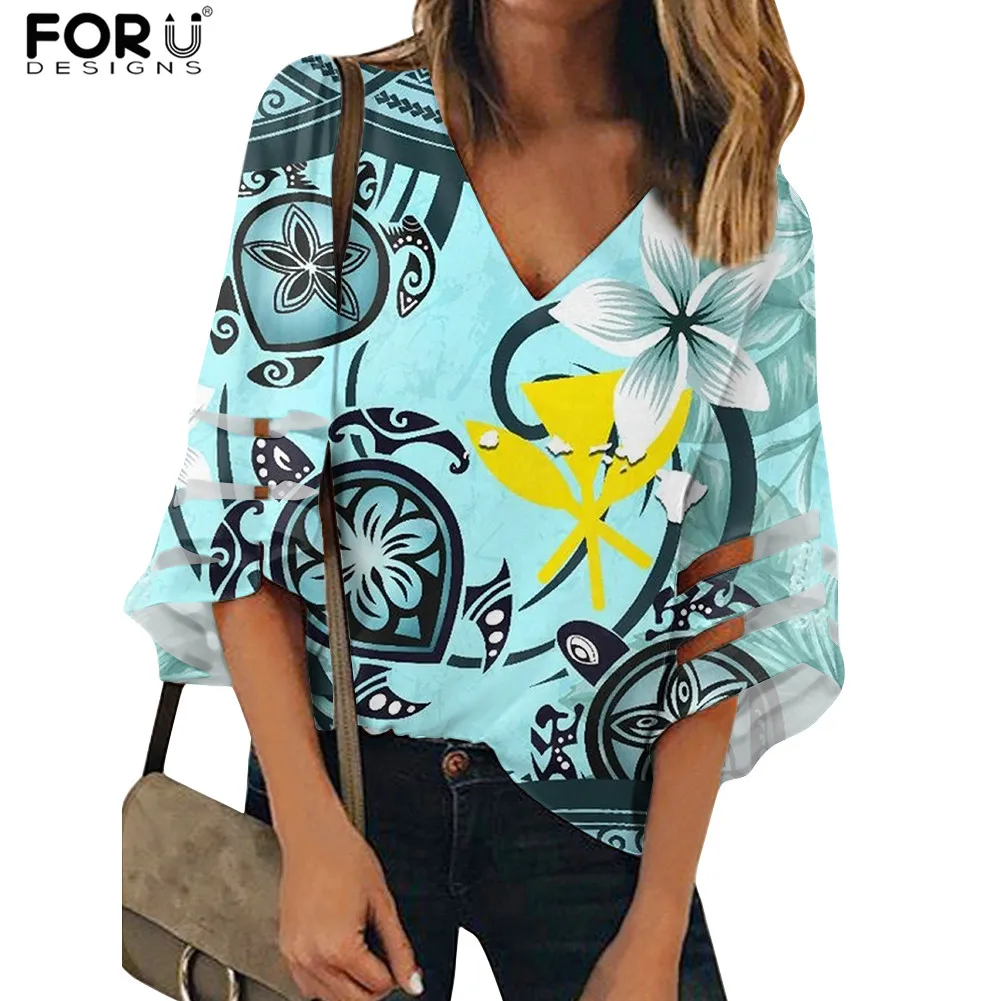 

FORUDESIGNS Plumeria полинезийский Гибискус узор Летние женские свободные повседневные Модные освещенные дышащие топы Женский Топ с рукавом 3/4