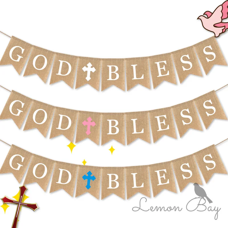 

AVEBIEN GOD BLESS the Christian baptism party decoration linen flag blessing Baby Shower Letter pull flag banner dovetail Pink