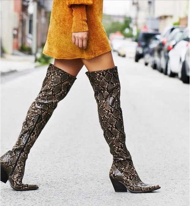 

Women's Pointed Toe Snakeskin Boots 8cm High Heel Over The Knee 2021 Boots Lady Fashion Western Boots European Sizes 34-44
