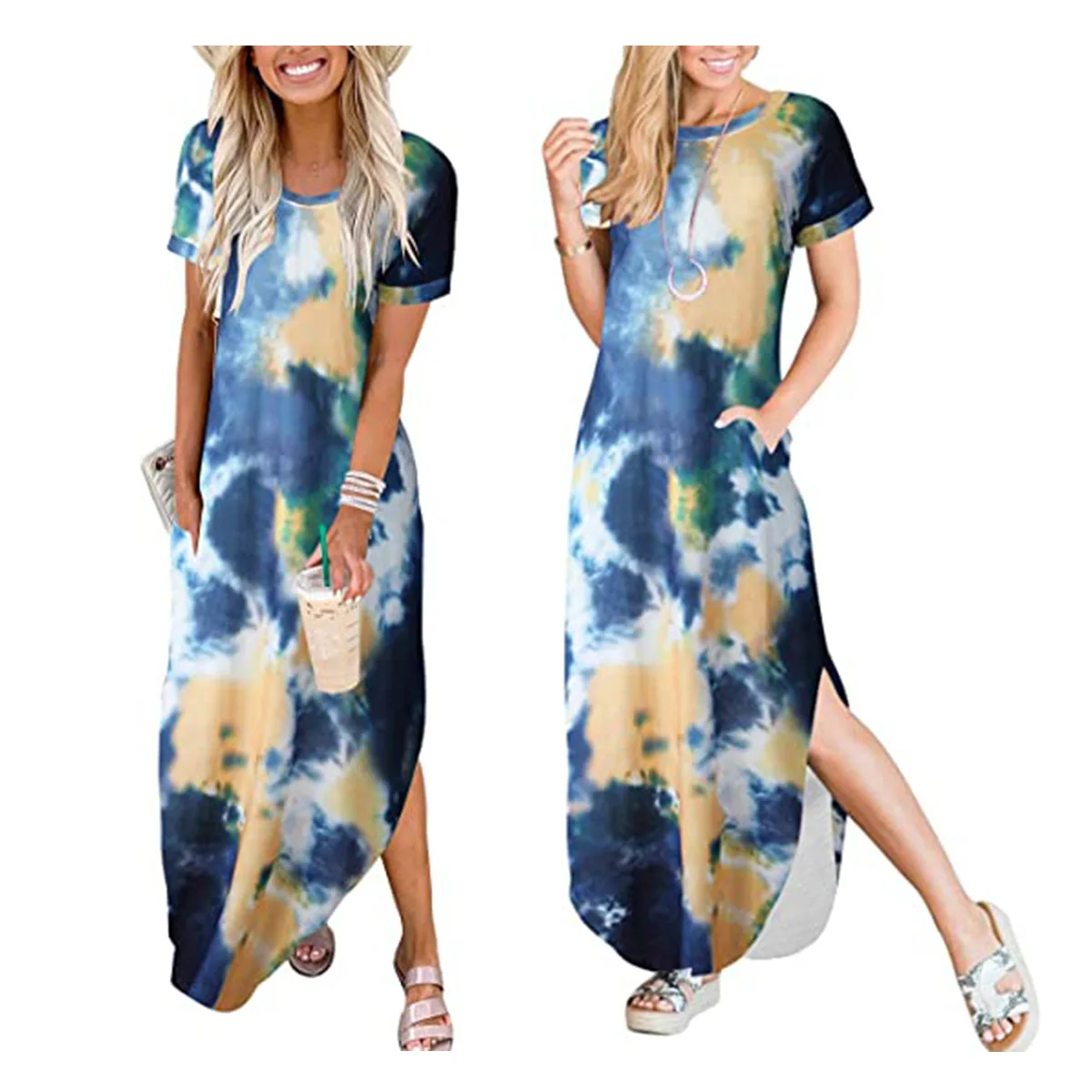 

Элегантное платье-футболка с принтом в стиле бохо, Повседневное Платье макси с круглым вырезом и коротким рукавом и асимметричным подолом, ...